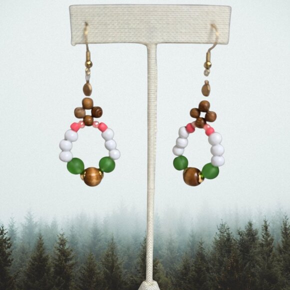 Fun in the Summertime. White wood green and pink beaded hoop earrings - Picture 2 of 5